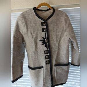 Beige Wool Cardigan with Black Trim